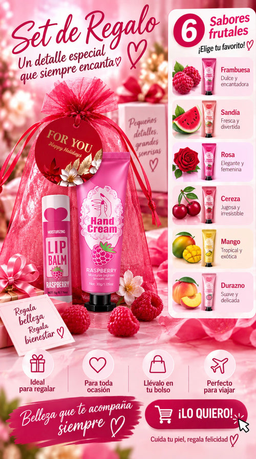 Set de Crema para Manos + Bálsamo Labial Hidratante – 6 Aromas Frutales