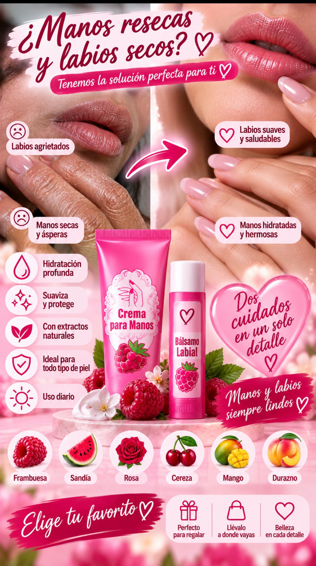 Set de Crema para Manos + Bálsamo Labial Hidratante – 6 Aromas Frutales